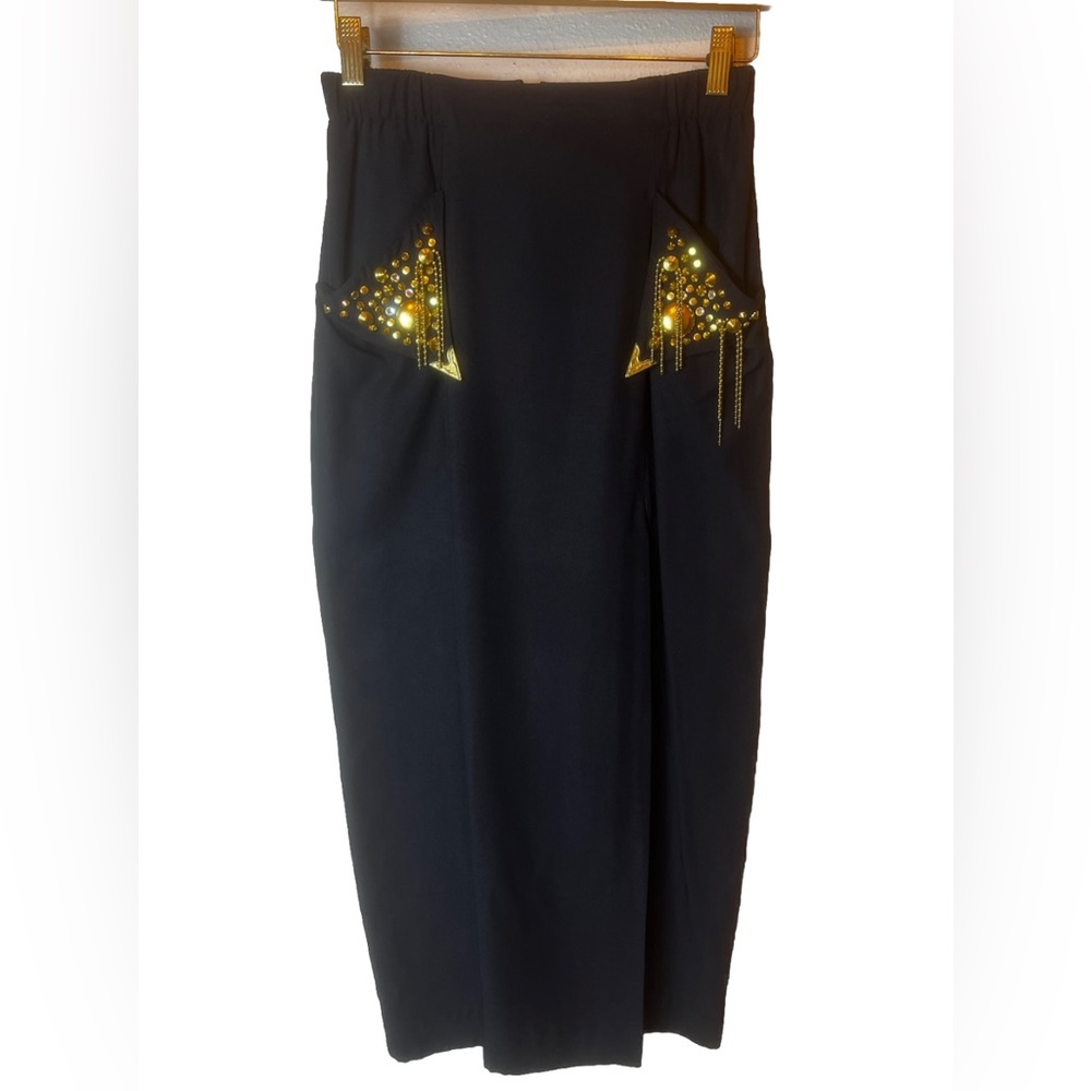 Vintage 80’s Criscione NY/CACHE Gold Embellished Black MIDI Skirt Front Slit XS